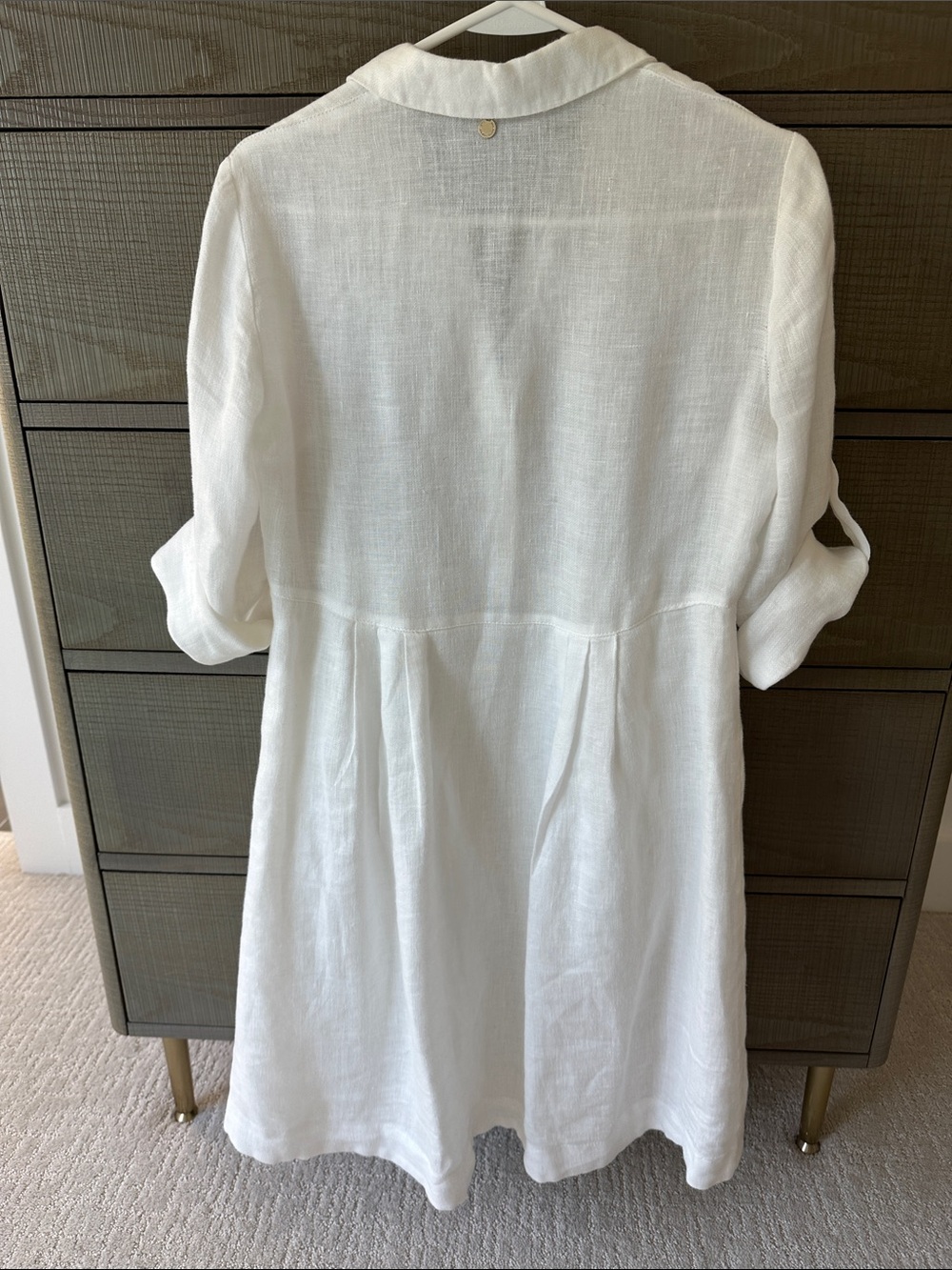 White Linen Mini Shirt Dress with Button Placket - Picture 7 of 7